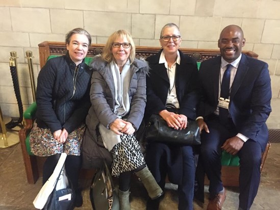 Here is the lovely Jackie helping us lobby Parliament for greater funding for lung cancer research. Jackie is sat next to Chris Draft an ex NFL player who is an amazing advocate for lung cancer patients. (Guy's cancer nurses Sophia & Rachel)