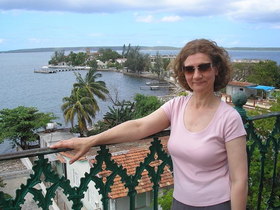 Thelma on the balcony of the Palacio de Valle, Cienfuegos, Cuba