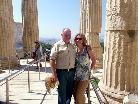 with husband in the entrance of the Acropolis, Athens