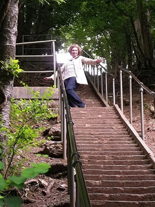 at the top of the steep stairs at Cheddar Gorge, 2013