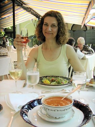 Thelma raising her glass at Gundel's, Budapest, 2003