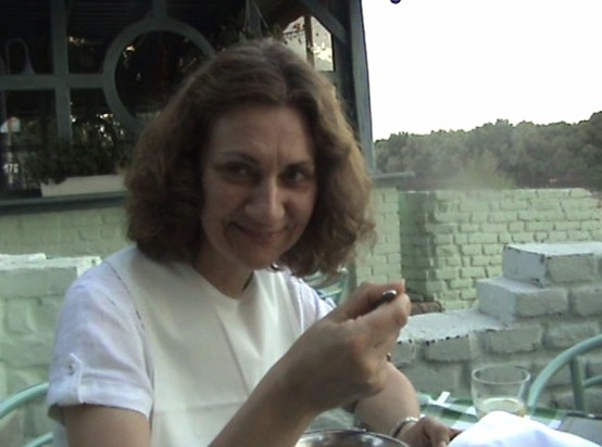 Thelma enjoying Hungarian fish soup at the Kőrössy fish restaurant