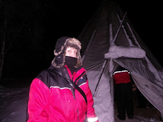 outside the BBQ-ing teepee on an excursion with a French group in Lapland, January, 2019