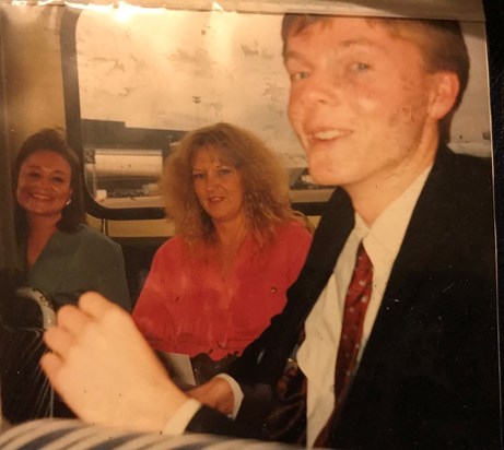 Angie, Sue & Mark bussing to aircraft at Gatwick for our Swiss adventure 1991