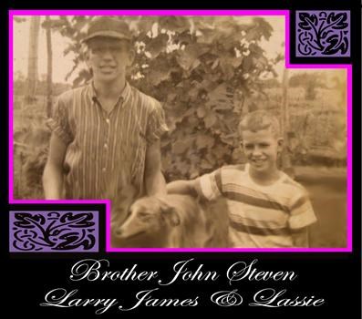 John, Larry and Lassie by the grape arbor in Morrisonville