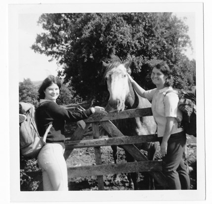 Audrey and friend on holiday with horse. No date. Late teens? cropped