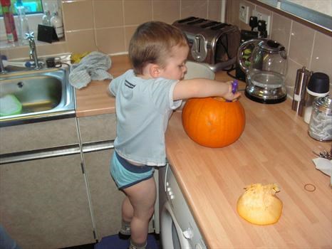 Declan starting his pumpkin