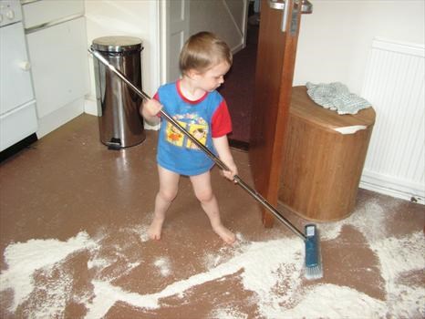 Declan cleaning up his mess