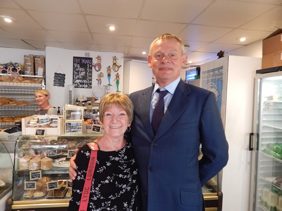 Marlene & Martin Clunes, July 2019, Port Isaac, Cornwall, during filming of Doc Martin. 