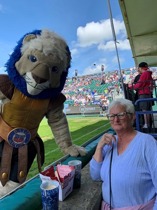 Her beloved Bath Rugby team, lovely mascot!