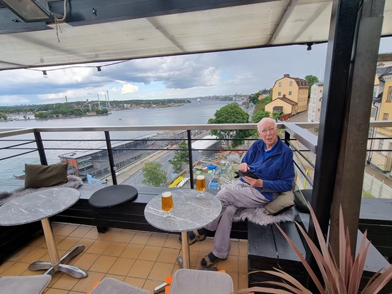 Enjoying a beer in the rooftop bar, Stockholm