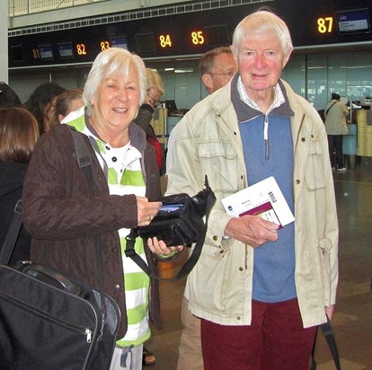Ann and Mike leaving Arlanda Airport after 3 weeks in Sweden 2012