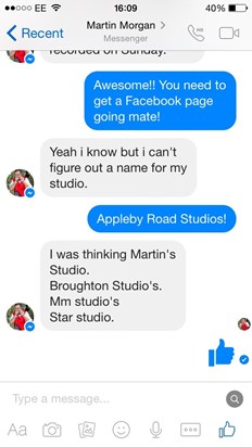 A typical message from Martin! This was the last communication I had with him. He loved his studio!