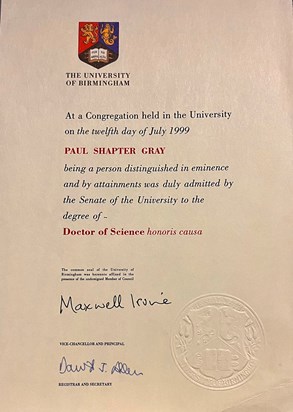 Paul S. Gray Honorary Degree of Doctor of Science University of Birmingham