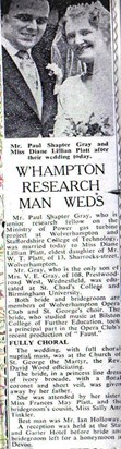 Newspaper clipping - Marriage of Paul & Diane Gray - Wolverhampton 1958