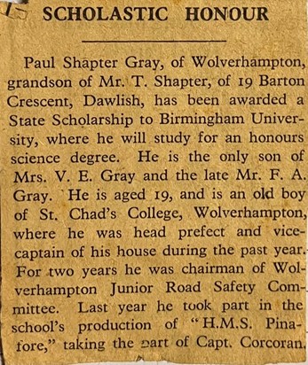 State Scholarship to Birmingham University 1950