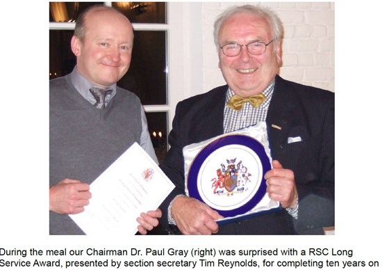 Dr Paul Gray receives his RSC Long Service Award in 2008. He was a committee member for some 14 years and was both Chairman (2005-2008) and Treasurer (2001-2004) of the section. RIP.
