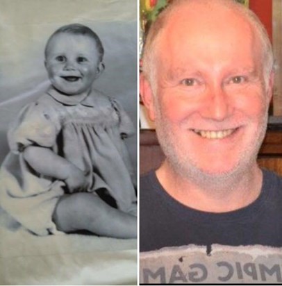 Andrew as a baby and on his 60th birthday 