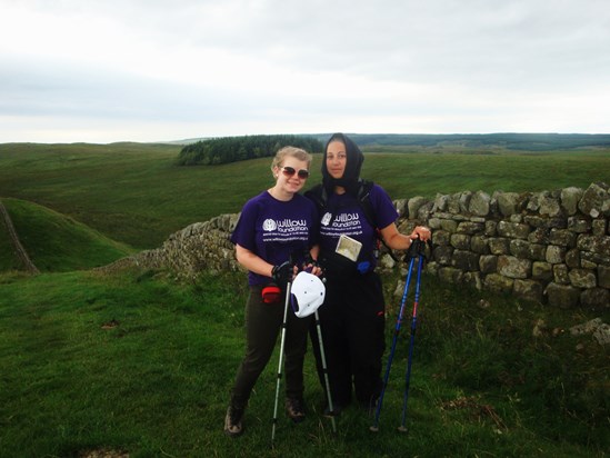 My friend Charlotte and I hiking Hadrian's Wall in aid of Willow