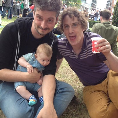 Paul and Jack masquerading as gay dads at Croydon Pride! (with Baby Kai)