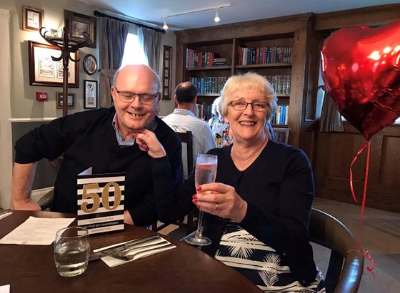 Pete celebrating his golden wedding anniversary with Ellen at Arrow Mill, August 2021