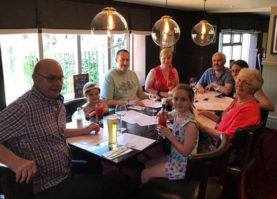 Pete with his “girls” and Nick and Simon celebrating Ellen’s birthday, August 2019