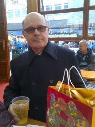 Pete on one of his annual Christmas Shopping trips with Clare to buy Ellen’s Christmas presents. It always included a meal and a drink. 