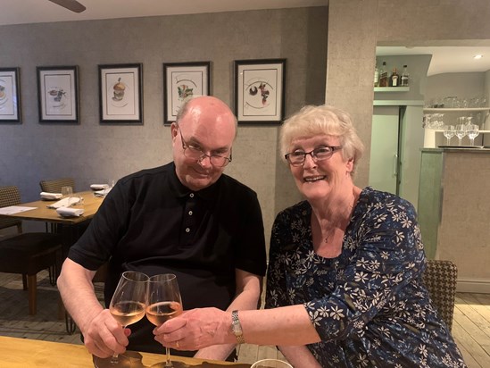 Enjoying a tasting menu at Tailor’s restaurant, Warwick as a treat for his and Ellen’s 50th wedding anniversary, September 2021