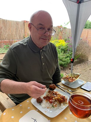 Enjoying a curry in Clare and Simon’s garden whilst adhering to lockdown restrictions, Father’s Day 2021