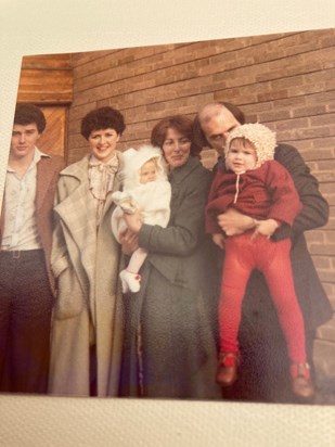 Pete and Ellen with Emily and her godparents at her Christening, 1978. Photo provided by Ann Grennan