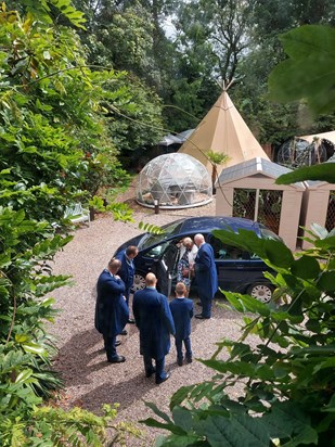 Peter welcoming Betty on arrival at Clare and Simon’s wedding, August 8th 2021