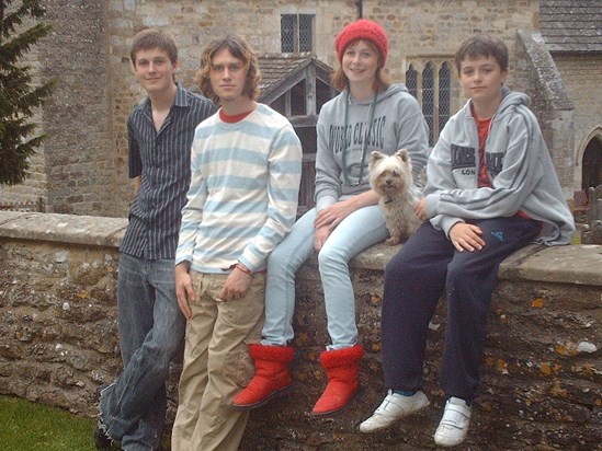 William on holiday in Yorkshire (2005) with Harri, Nick, and Ben. 