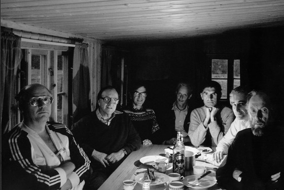 Left to right: Knut Bønke, Francis Farley, Tomas Hysing, Even Mehlum, Stephen Salter, David Evans and Johannes Falnes. Wave energy meeting at Bødalseter, just north of Jostedalsbreen. This picture, courtesy of Prof Falnes, was taken by Prof Salter.