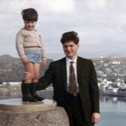 David and Iain, Pulpit Hill, directional stone, Oban   circa 1966