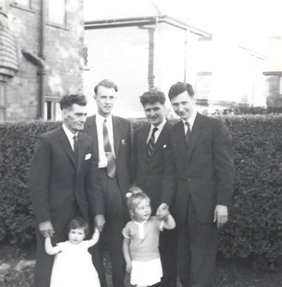 L to R: Billy Parr (David's dad), Durrie Marshall, David and brother Munson, daughter Janet and niece Kathryn Parr at Janet's christening, summer 1961, 55 Coniston Ave, Fulwell, Sunderland.