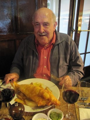 Dad with his favourite supper; fish and chips!