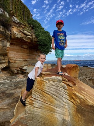 Oli aged nearly 7 and Miles nearly 4 climbing rocks at Botany Bay.  Happy Birthday G  xxxx