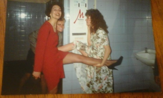 Evan Lifts Girls night out 1989, Im holding up Karens long legs and comparing my little legs ..of course in Toilets ina Leicester Pub,, Not sure of other Girls name but we all had great Night xxx Sharon Treacy