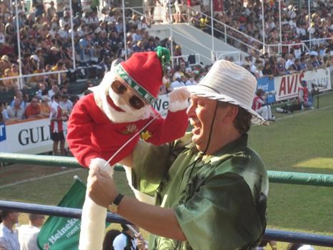 Clive and Gwillym entertaining the crowd at the Dubai 7's, Dec 2005.