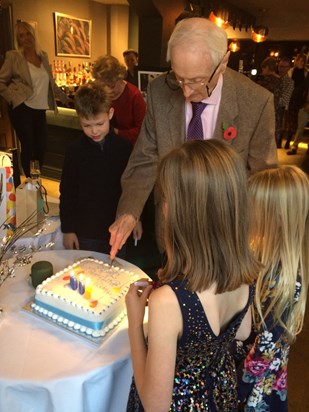 100th Birthday, cutting the cake with Freddie, Emily and Nell
