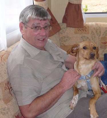 Dave with Fudge in our home on Calico Park, Portugal