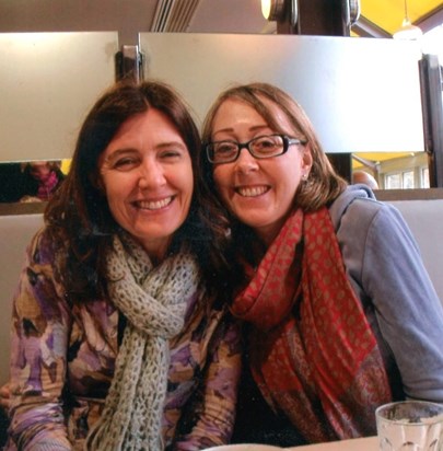 Clare and Trish in the tea room RHS Wisley ( photo excludes the enormous pieces of cake we have just indulged in!)