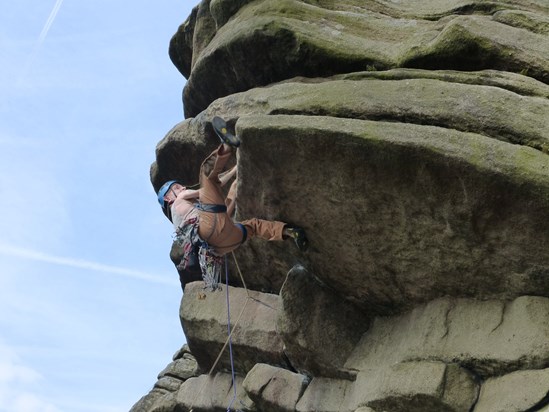 Tackling Flying Buttress Direct, Stanage
