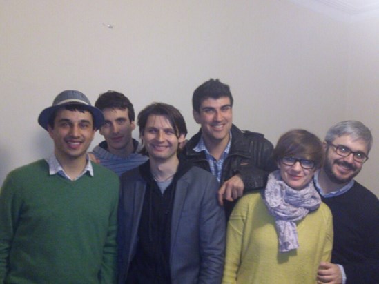 Hugo Aguirre's housewarming Dec 2012. (L-R: Hugo, Guillaume, Joel, Giles, Maria, a friend)