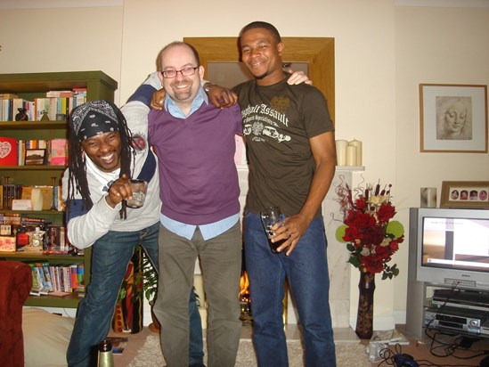 Kurt, Stephen and Monty celebrating Monty arriving in the UK (Mar 2010)