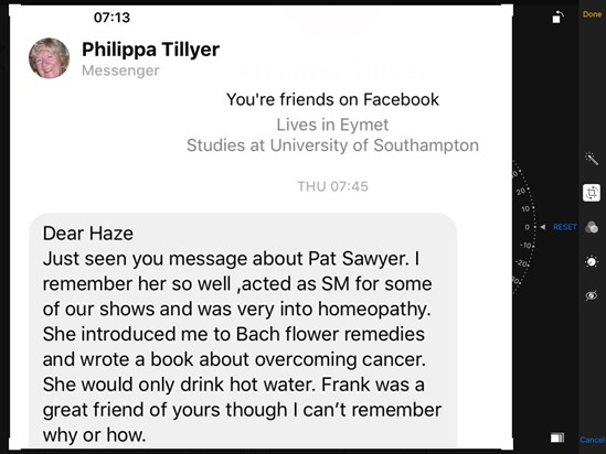 From Phillipa who knew Pat from when she was involved in the Maskers Amateur Dramatic company.