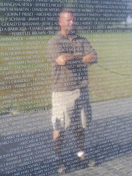 Scott's reflection at the Veteran's War Memorial