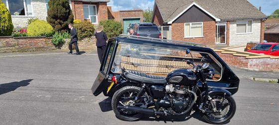 Triumph Bonneville Hearse to take Stan's coffin to the Crematorium