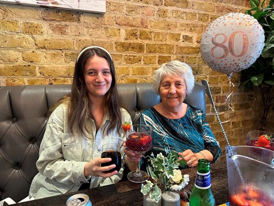 Evie and her Nana on her 80th Birthday 