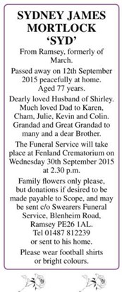 Obituary as featured in the Hunts Post